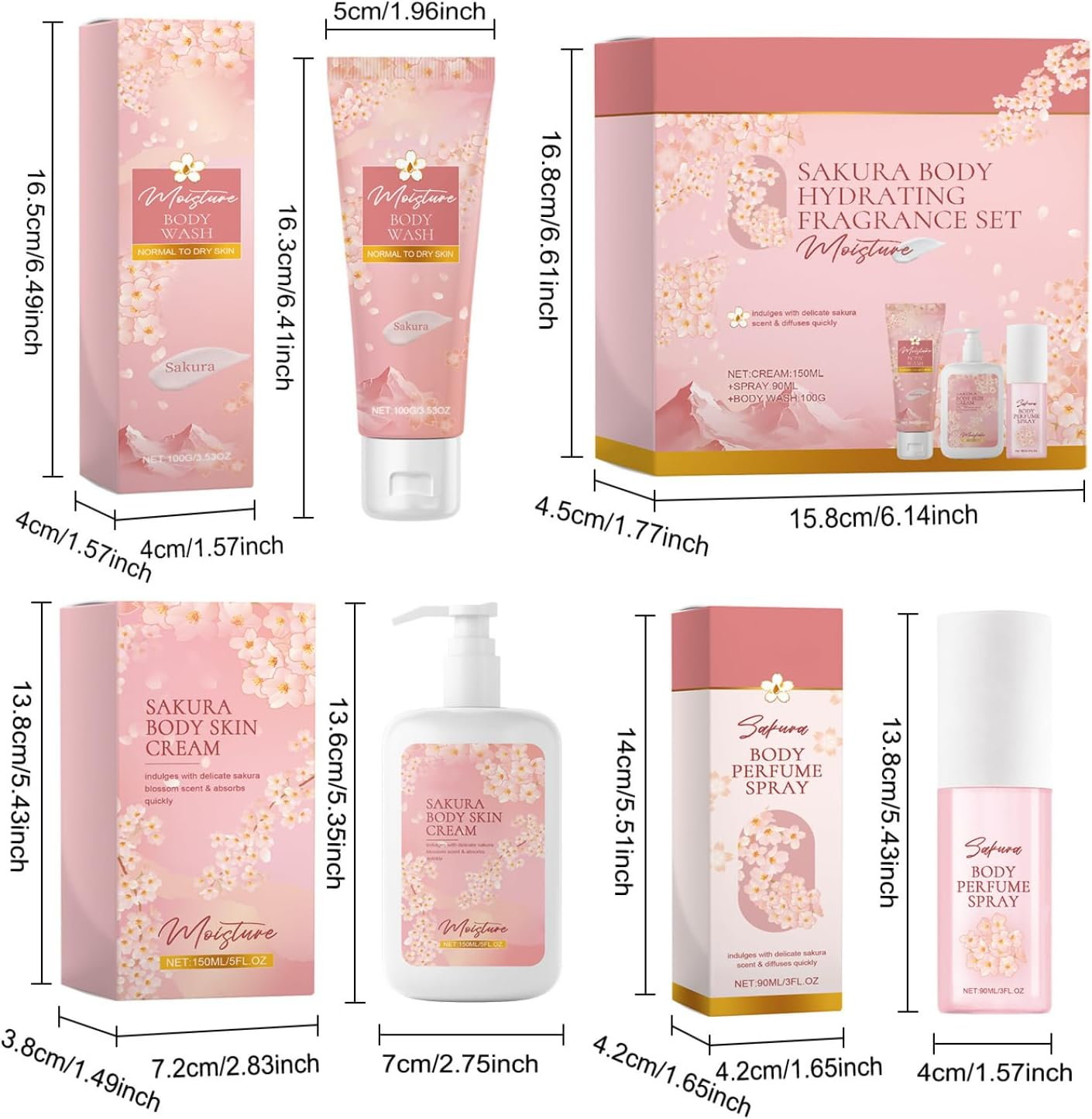 Miutii Cherry Blossom Scented Bath and Body Set 3 Piece Kit with Body Wash Cream and Perfume for Soft Skin Non Greasy Pink One Size image number 2