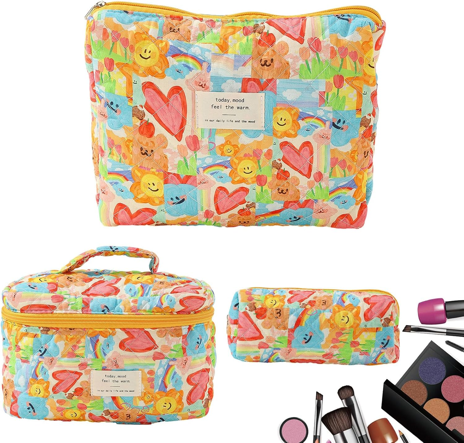 Flower Makeup Bag - 3 Quilted Cosmetic Pouches, Toiletry Tote, Travel Aesthetic Floral Pouch image number 1