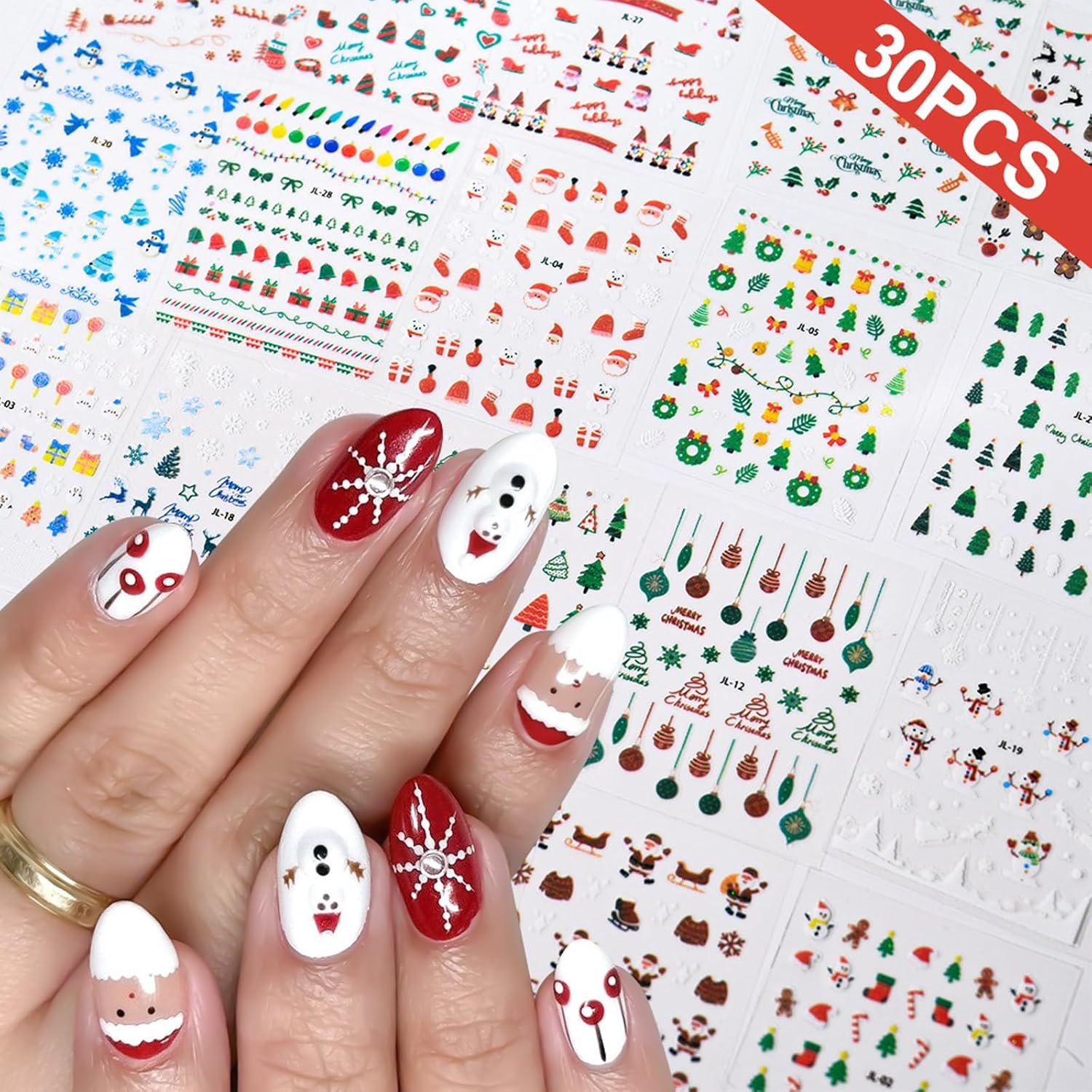Christmas Nail Stickers 30 Sheets 3Dself-Adhesive Seasonal Nail Decals with Penguin, Deer, Snowman, Snowflake, Elk, Santa Claus for Women'S Winter Holiday Nail Art​ image number 3