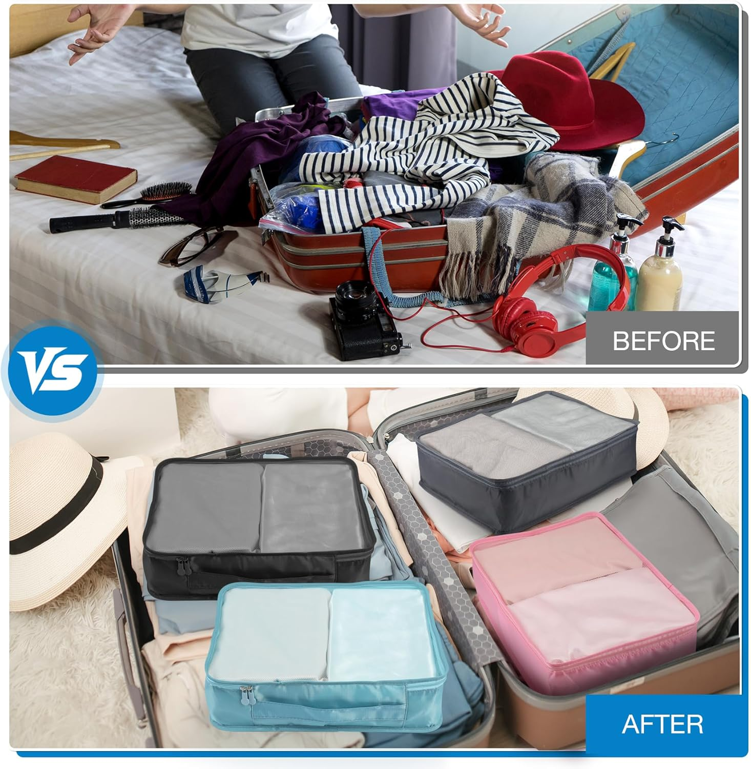 Hcskoss 4 PCS Large Packing Cubes,40X30X12Cm Same Size Suitcase Organiser Bags Compressible Expandable Packing Cubes for Suitcase,Luggage,Travel,Handy Helper,Organizing Clothes (Color Mixing) image number 4