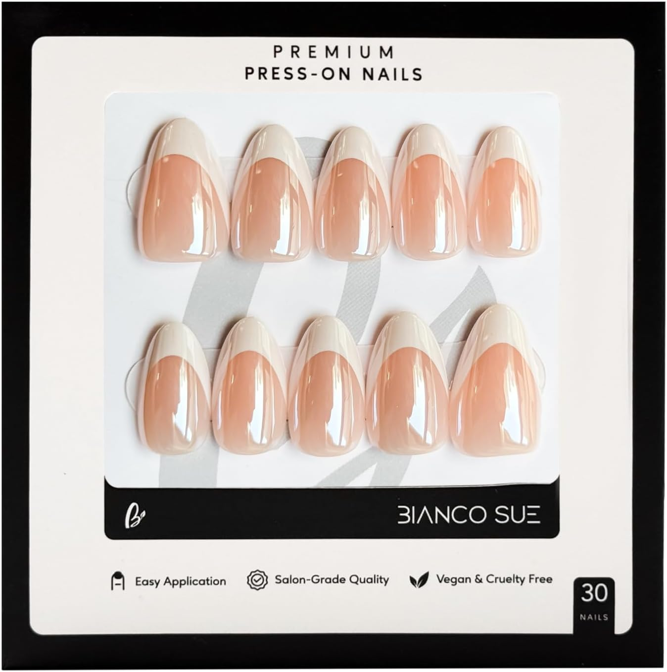 Bianco Sue Press-On Nails | Luxe French Almond False Nails with Modern White Tip Design, Reusable Stick-On Fake Nails with Adhesive Tabs and Glue | Salon-Grade Quality | Transparent Storage Box | 15 Sizes - 30 Nail Kit image number 3