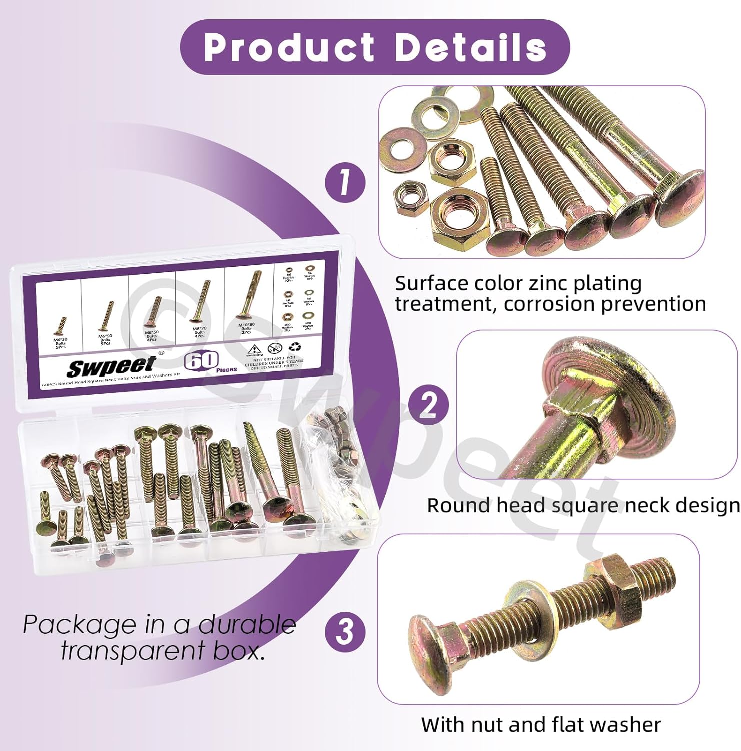 Swpeet 60Pcs 5 Sizes M6&times;30 M6&times;50 M8&times;50 M8&times;70 M10&times;80 Colored Zinc Plated Carriage Bolts Screws Nuts Washers Assortment Kit, round Head Square Neck Screws, Full Thread Carriage Bolts - Black image number 5