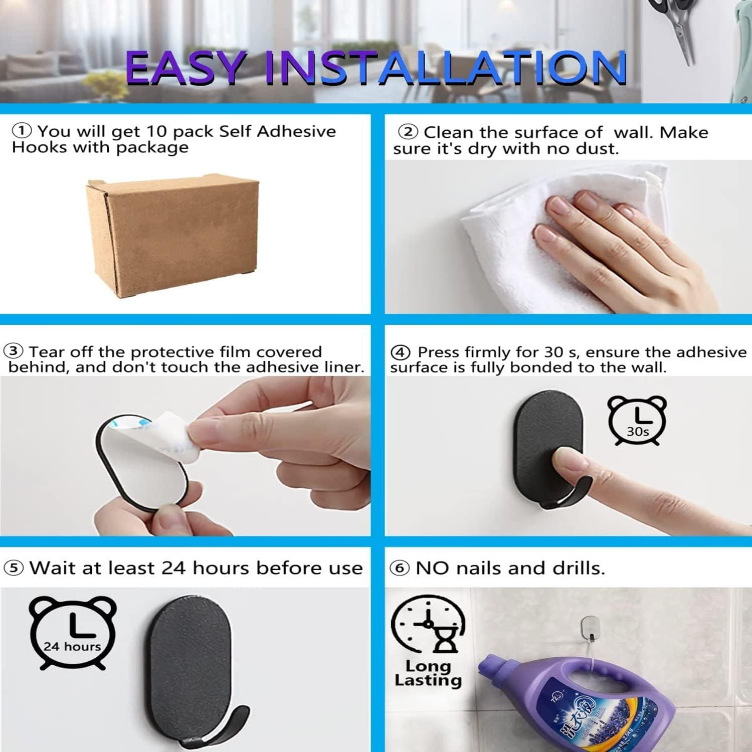 10 Packs Self Adhesive Hook, Heavy Duty Wall Hooks,Durable Strong Carbon Steel Nail Free Sticky Hanger Hooks 3M Adhesive Hooks for Kitchen, Bathrooms, Home, Doors, Office, Closet (White) - Black image number 6