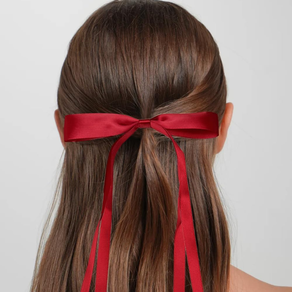 Hair Bows for Women,Hair Ribbon Bows for Women,Red Bow for Hair,Coquette Bows,Long Hair Bows,Ribbon for Hair Bows,Red Hair Clips,Hair Accessories Hair Bows for Festival Party Halloween Christmas 2Pcs