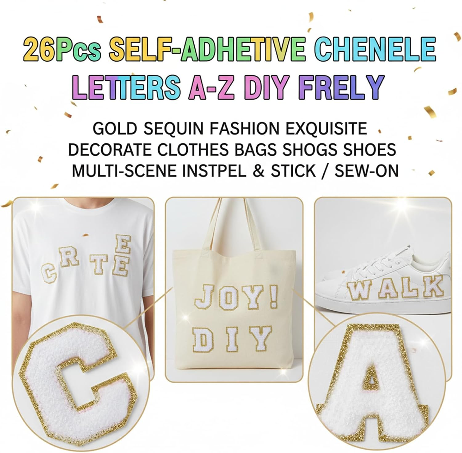 26Pcs Chenille Letter Patches A-Z for DIY Clothing, Fabric, Shoes, Bags &ndash; Self-Adhesive Decorative Iron-On Patches with Gold Trim, Premium Quality (White)&ndash; Ruibex