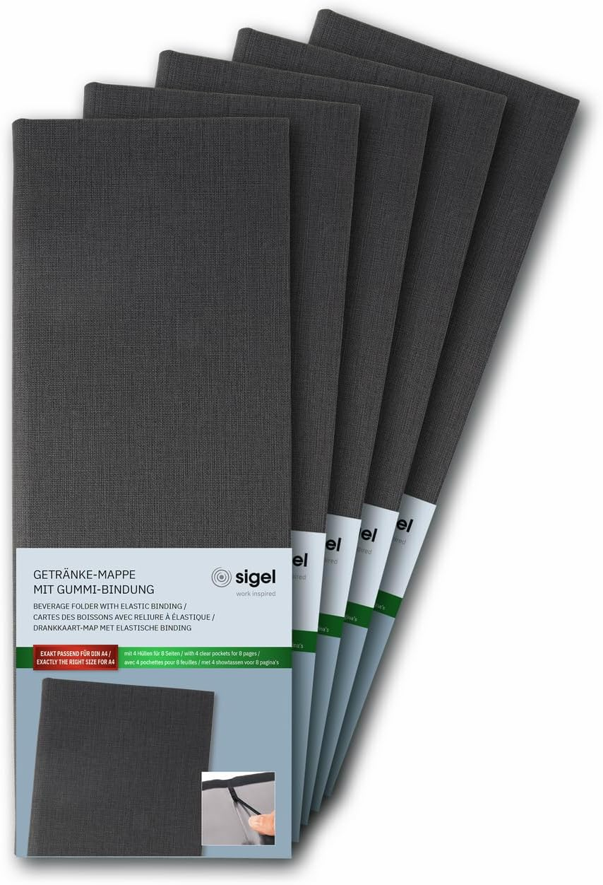 SIGEL GM100/5 Menu Bar Format 1/2 A4 Drinks Folder Rubber Binding Black with Linen Texture Pack of 5 Durable and Easy Wipe Clean
