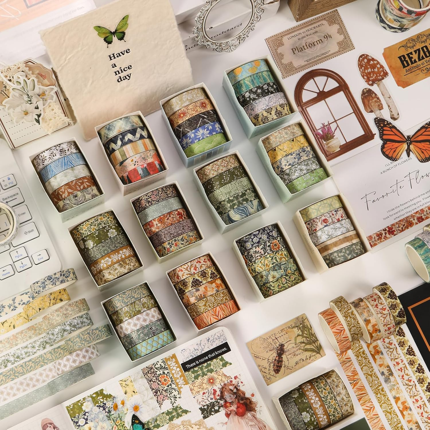 YUBBAEX 60 Rolls Value Washi Tape Pack Retro Arts Masking Tape Basic Patterns Decorative for DIY Crafts, Bullet Journal Supplies, Planners, Scrapbook, Card/Gift Wrapping (Retro Baroque) image number 2