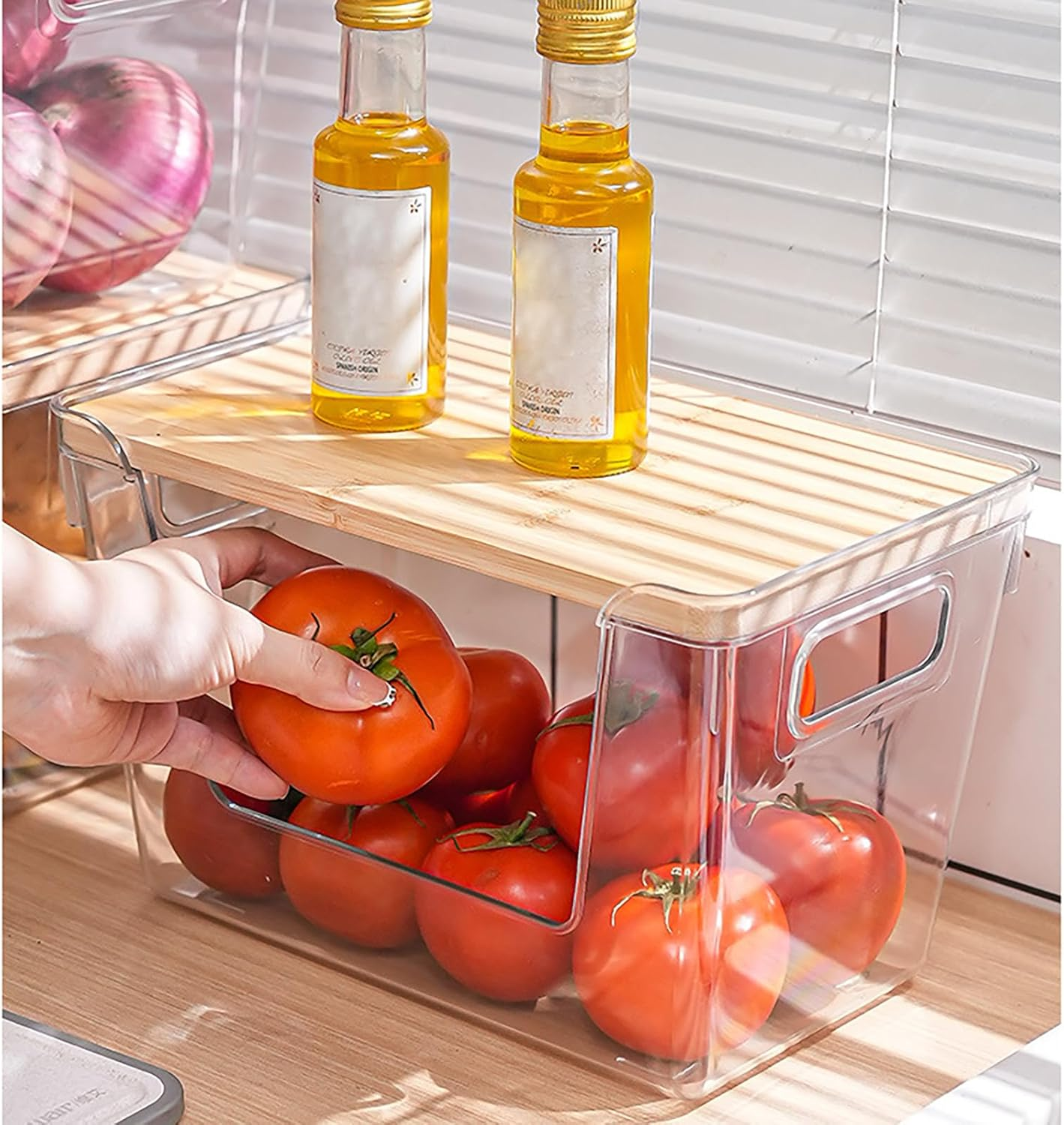 LISNSMY 2 Set Clear Stackable Storage Boxes with Bamboo Wood Lid and Handles, Open Pantry Organizer Bins, 29X18X18 CM, for Bathroom, Cabinet, Kitchen, Fridge, Closet Organization image number 1