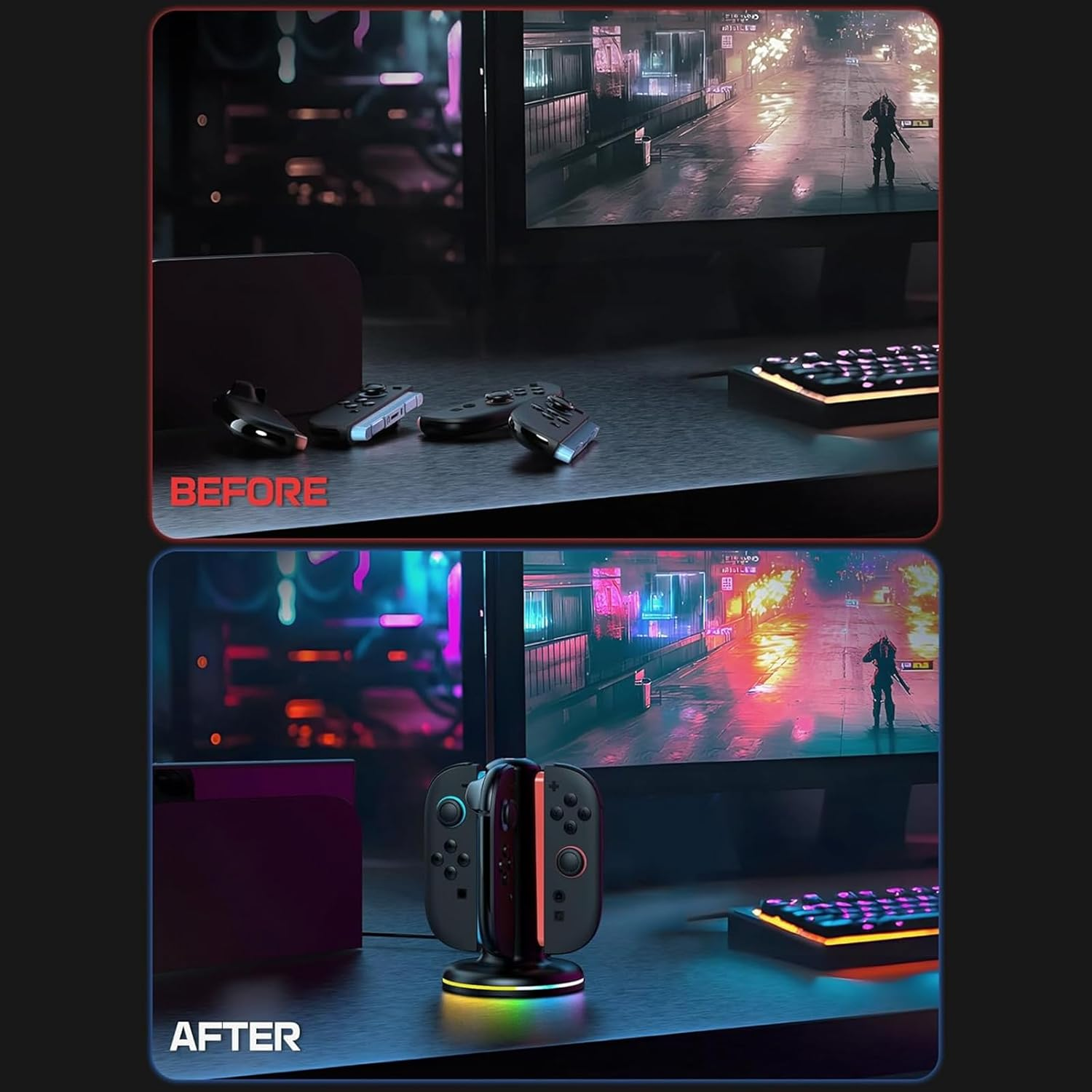 UOEPOWA Upgraded Charging Dock for 2025 Nintendo Switch 2 Joycon, 9 Light Modes, 4-In-1 Magnetic Fast NS2 Controller Charger Station for Nintendo Switch 2 Joy-Con Charger Organized Accessories (NS2) image number 6