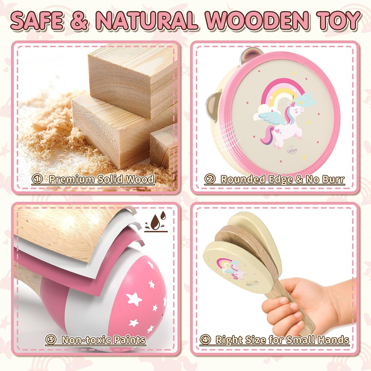 Lehoo Castle Wooden Montessori Musical Instruments Set, Toddler Toys with Xylophone, Tambourine, Drum, Clarinet, Hand Bells, Unicorn Theme image number 1