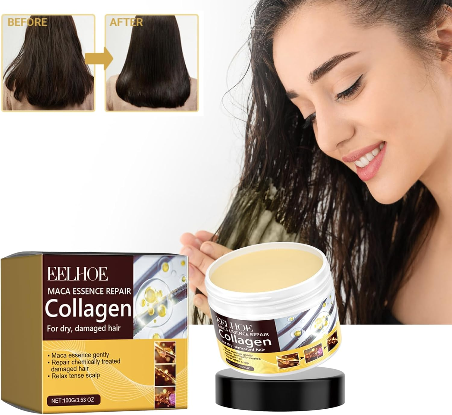 Collagen Hair Mask Deep Repair Moisturizing Hair Treatment Reduce Breakage Strengthen Hair Fibers Control Frizz for Smooth Shiny Hair (3) image number 5