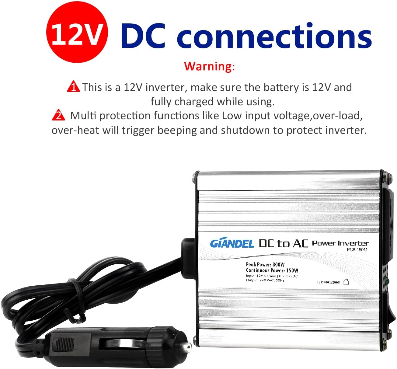 150W Power Inverter Modified Sine Wave DC 12V-AC 240V Converter Adapter with 1A USB Port Giandel image number 3