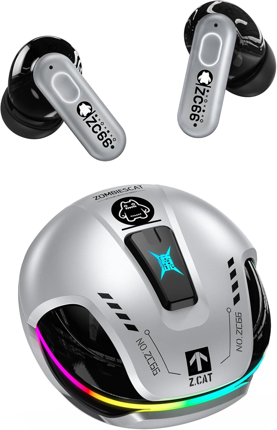 Zombies CAT Wireless Bluetooth, Noise Cancelling Headphones, Bluetooth Headphones with Deep Bass, Wireless Bluetooth 5.4, RGB Light, In-Ear Headphones for Android Ios, B5 Silver image number 5