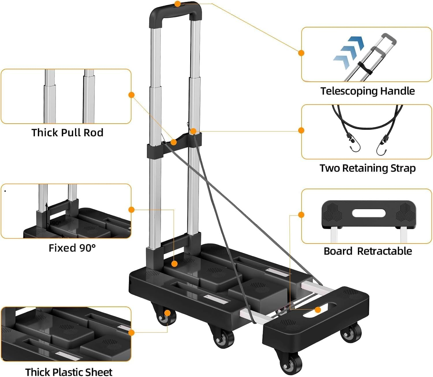 Folding Hand Truck, Foldable Cart for 500 Lbs Heavy Luggage, Hand Truck Dolly, 6-Wheel Foldable Dolly with 2 Ropes, Ideal for Home, Office, and Travel Moving (Black)
