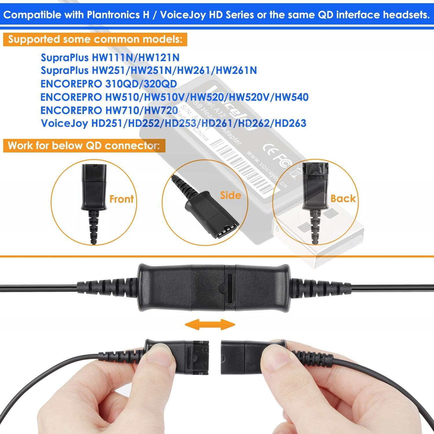 Call Center Office Headset Quick Disconnect QD Cable to USB Plug Adapter Compatible with Plantronics Headset QD Connector Plug to Any Computer Laptop VOIP Softphone image number 3