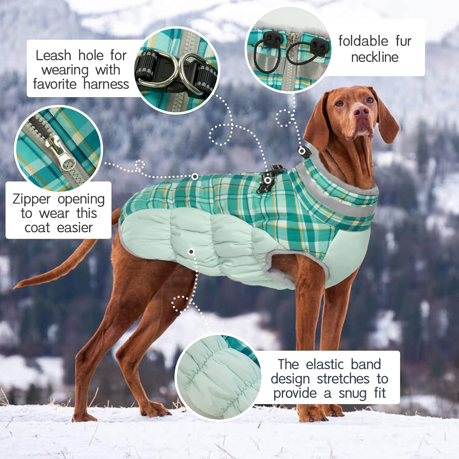 Kuoser Waterproof Dog Coat - Winter Jacket with Fleece Lining, Fur Collar, Reflective Warm Vest for Cold Weather, Green Plaid, Size M image number 2