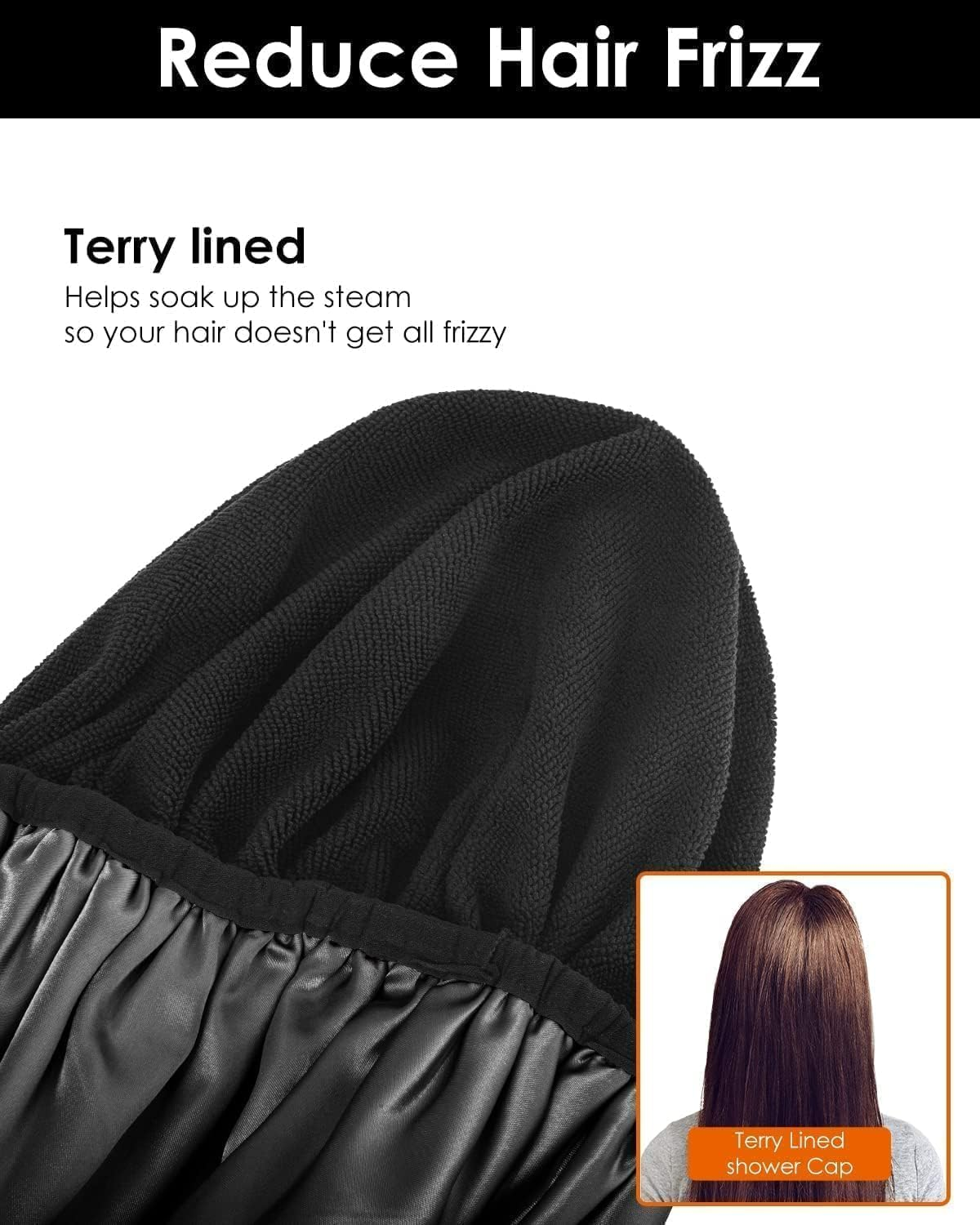 Shower Cap,Terry Lined Shower Cap for Women Reusable, Triple Layer Waterproof Bath Cap, Extra Large for Women Long Hair (Black, One Size) image number 3
