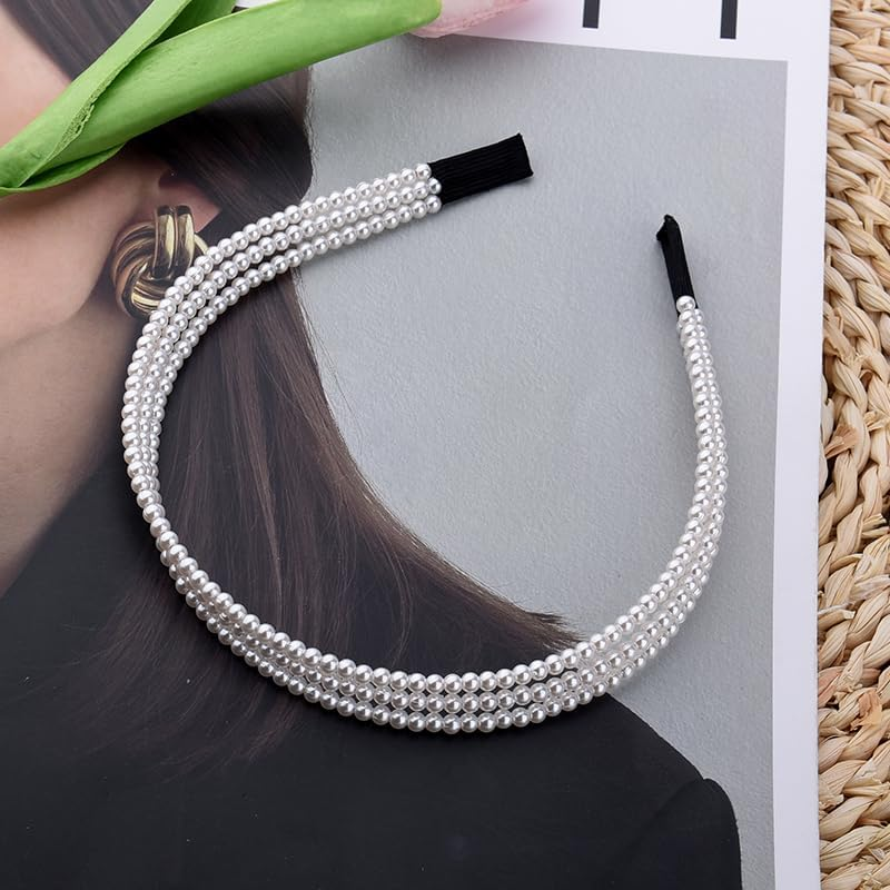 Thin Layered Pearl Headband for Girls Women Layered Hair Accessories Wedding Bridal Thin Headband White Pearl Hair Band Pearl Beaded Headband 3 Layer Hairband Skinny French Pearl Headbands image number 5
