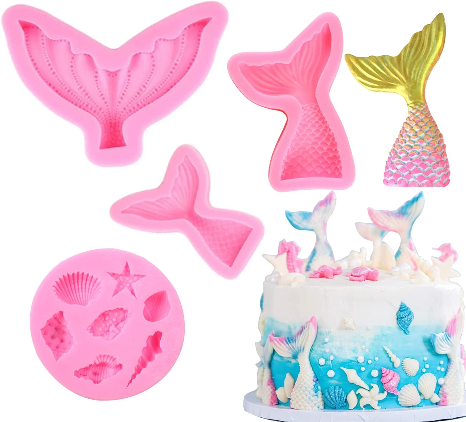 Mermaid Theme Fondant Silicone Mold,Seashell Silicone Mold Mermaid Tail Candy Chocolate Mold DIY Handmade Baking Tools for Sea Creatures Beach Theme Party Cake Decoration Set of 4 image number 3