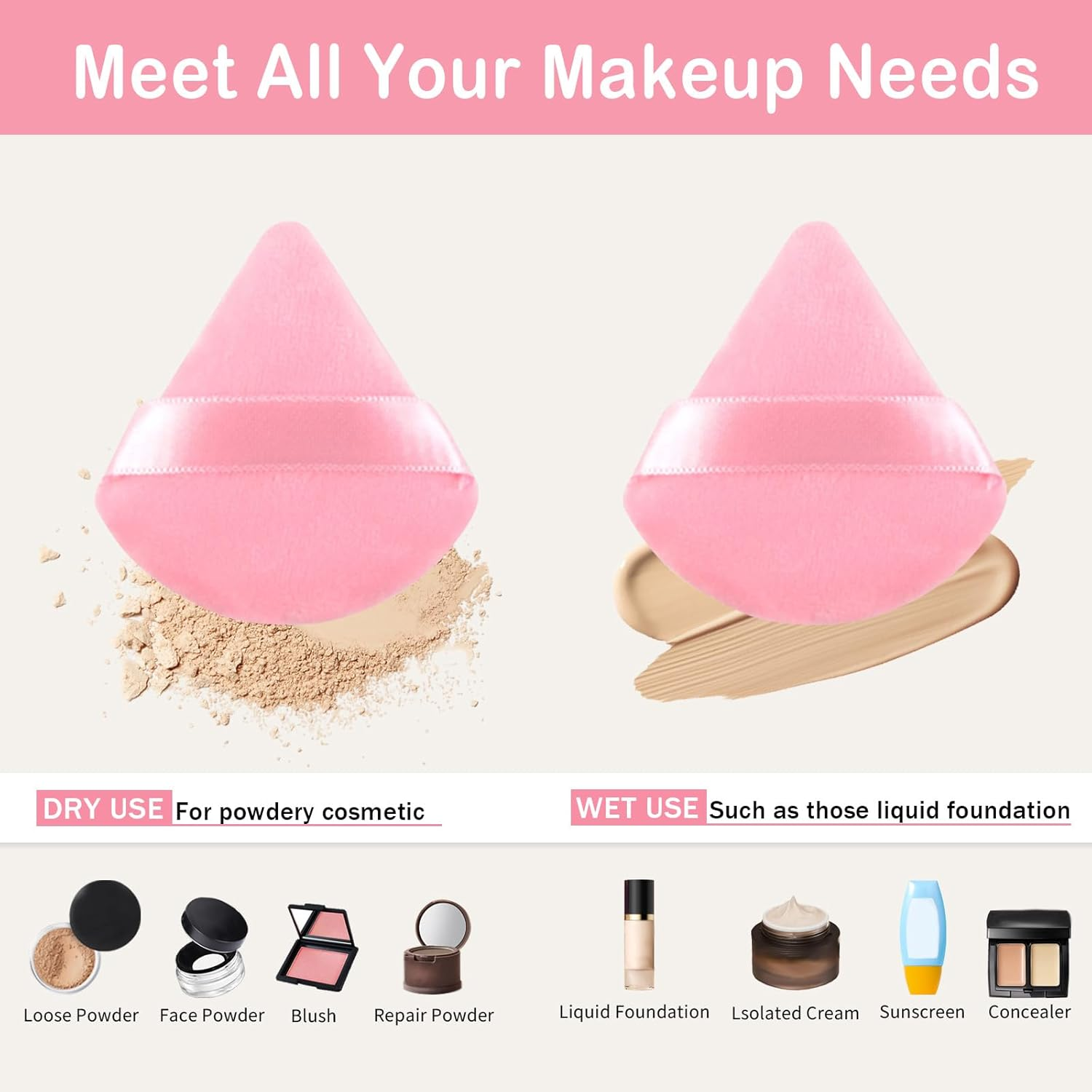 Tehttz 20Pcs Triangle Powder Puff, Makeup Sponges for Loose Powder and Body Powder Face Sponge with Strap, Face Makeup Puff Beauty Makeup Tools (Pink) image number 6