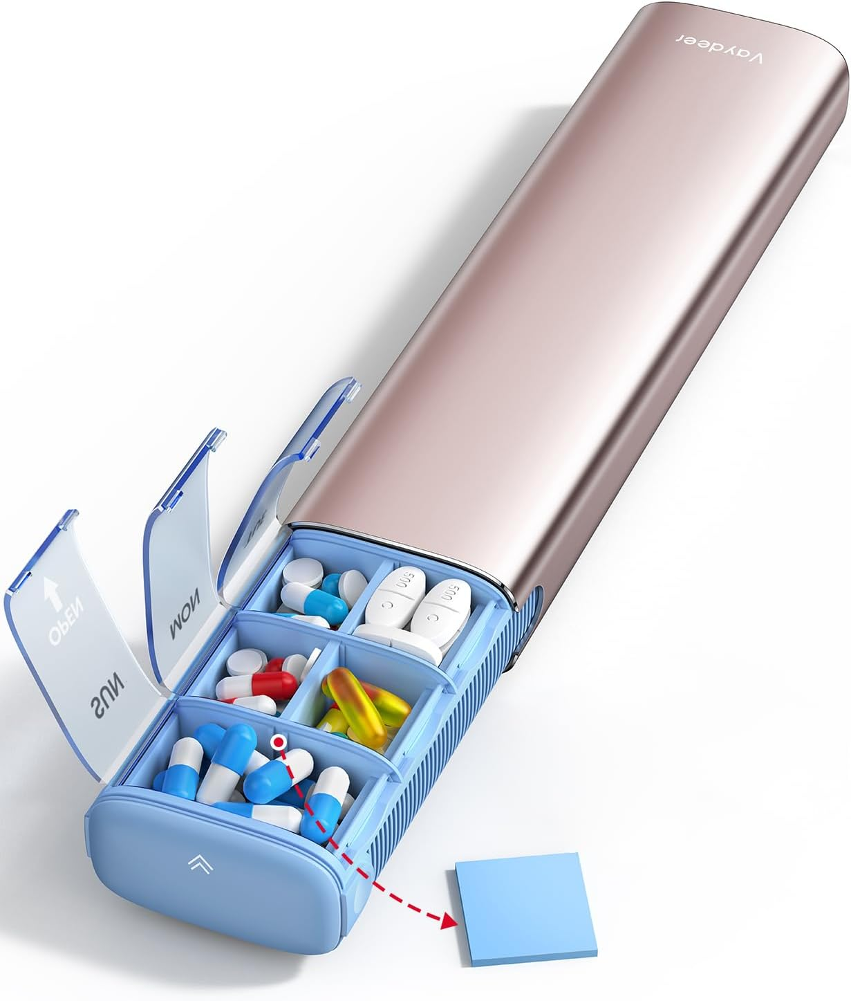 7 Day Weekly Pill Organizer (Support 2 Times a Day), Metal Travel Pill Case, Large Capacity Daily Cute Pill Box for Supplements, Pills, Vitamins and Medication (Rose Glod) image number 6