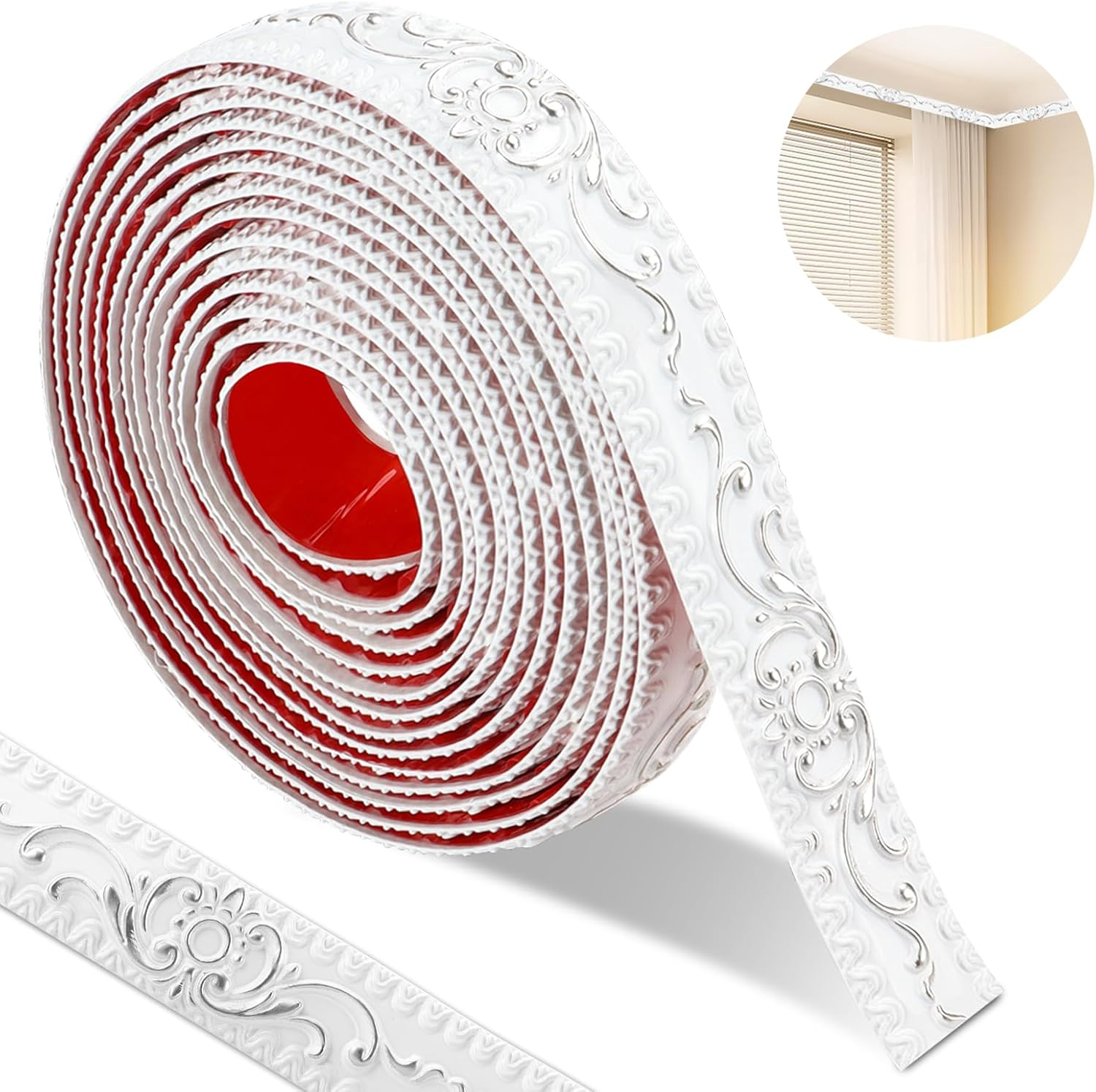 300*3.6Cm Wallpaper Borders Self-Adhesive,3D Vintage Pattern Coving for Ceilings, Flexible Moulding Trim Waterproof, Peel and Stick Wall Border for Mirror Frame， Home Decoration（White-Silver Pattern）