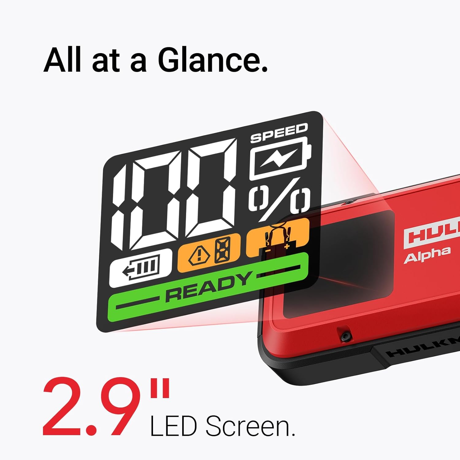 Hulkman Alpha, Ultra Red, 1250A 44.4Wh Battery Jumper Starter Portable, 12V Modern Car Jump Box with Jumper Cables, for 7.0L Gas/4.0L Diesel Engines, 65W Fast Charging, IP65 Rated, Large LED Display image number 4