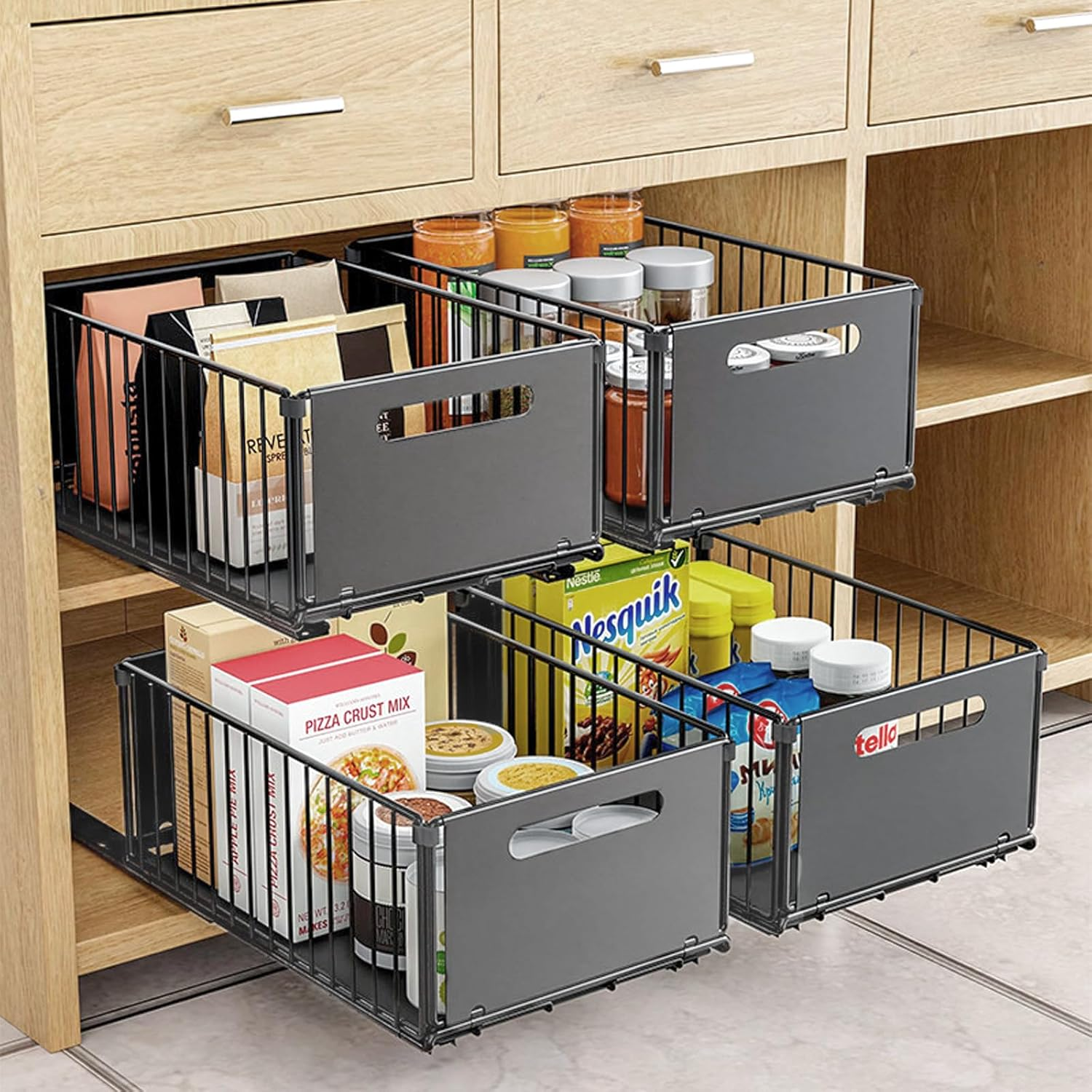4Pack Foldable Pull Out Cabinet Organizer, Slide Out Cabinet Organizer for Kitchen, Pull Out Drawers for Cabinets, Roll Out Shelf Storage for Kitchen, Pantry, Bathroom (2 Pack Small + 2 Pack Large) image number 3