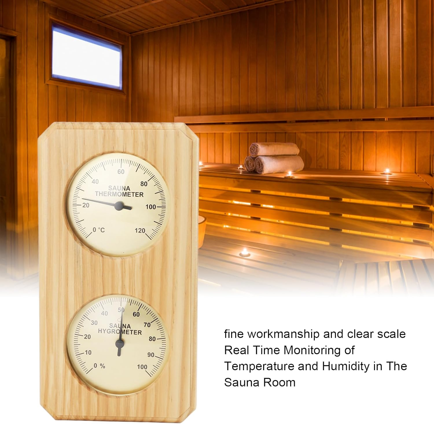 Authentic Timber Sauna Hygrothermograph - Temperature & Humidity Gauge 0-120&deg;C | 0-100 Percentage RH - Wall-Mounted Thermometer for Steam Room image number 1