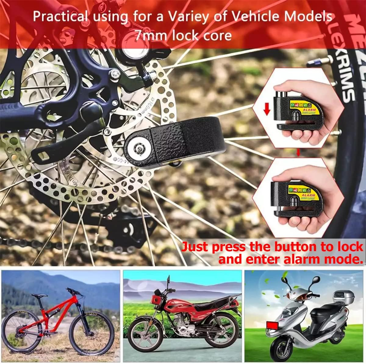 Motorcycle Alarm Disc Brake Lock, Anti-Theft Security 110Db Alarm Sound, Waterproof Wheel Padlock with Keys and Reminder Cable, Auto Accessories for Motorbike, Scooter, Bike, Moped (Black) image number 6