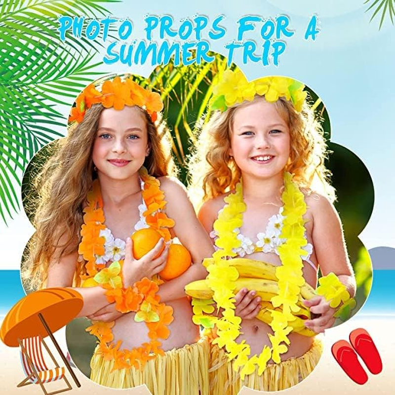 48 Pcs Hawaiian Flower Garlands with Bracelets Headbands Set,Hawaiian Leis Luau Party Decorations Tropical Party Favors for Adult Kids Aloha Tiki Beach Jungle Lays Summer Party image number 4