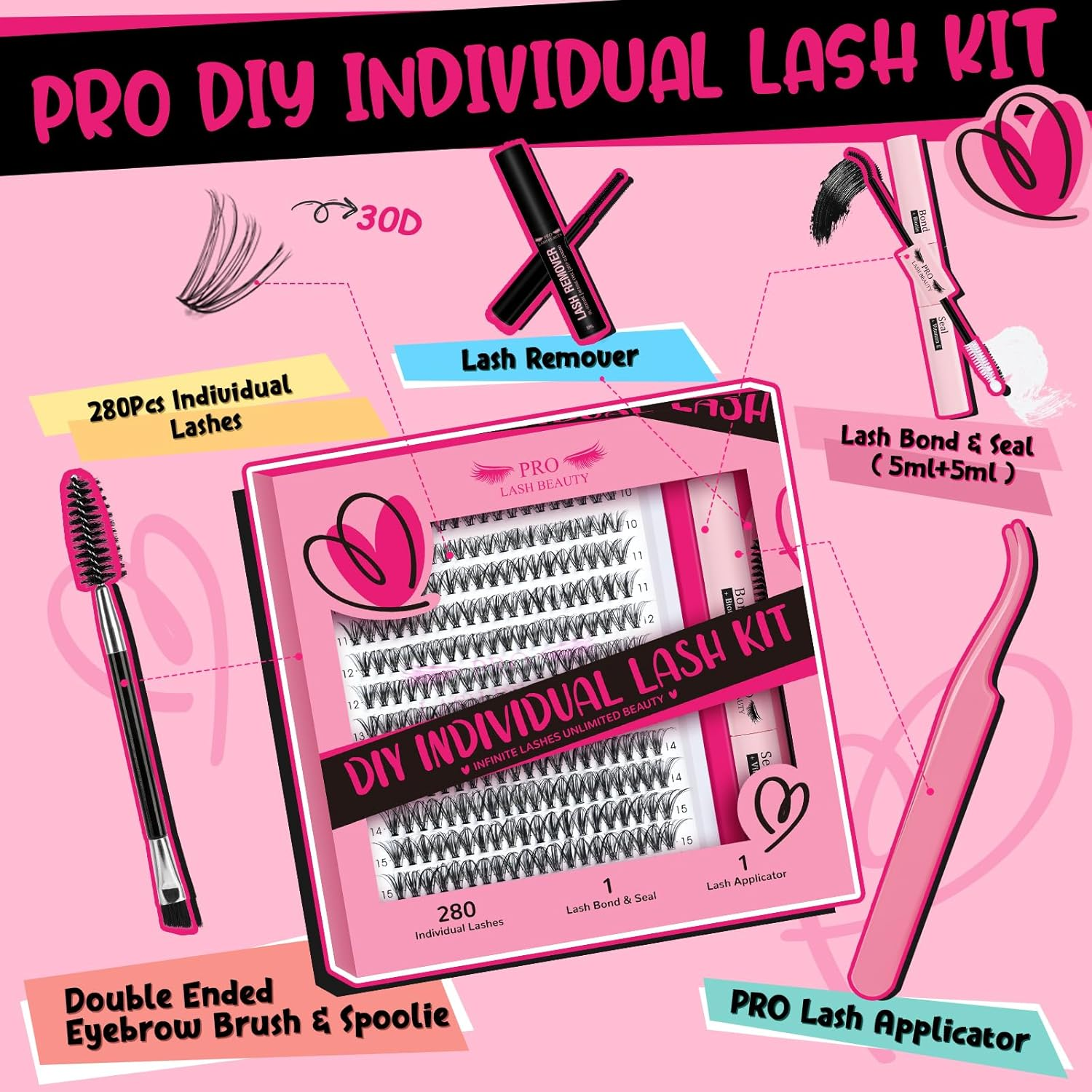 PRO 280Pcs Lash Clusters Kit DIY Lash Extension Kit Eyelash Extension with Lash Bond and Seal Applicator Brush Individual Lashes Kit Various Styles Easy to Apply at Home (30D-9-16Mix)