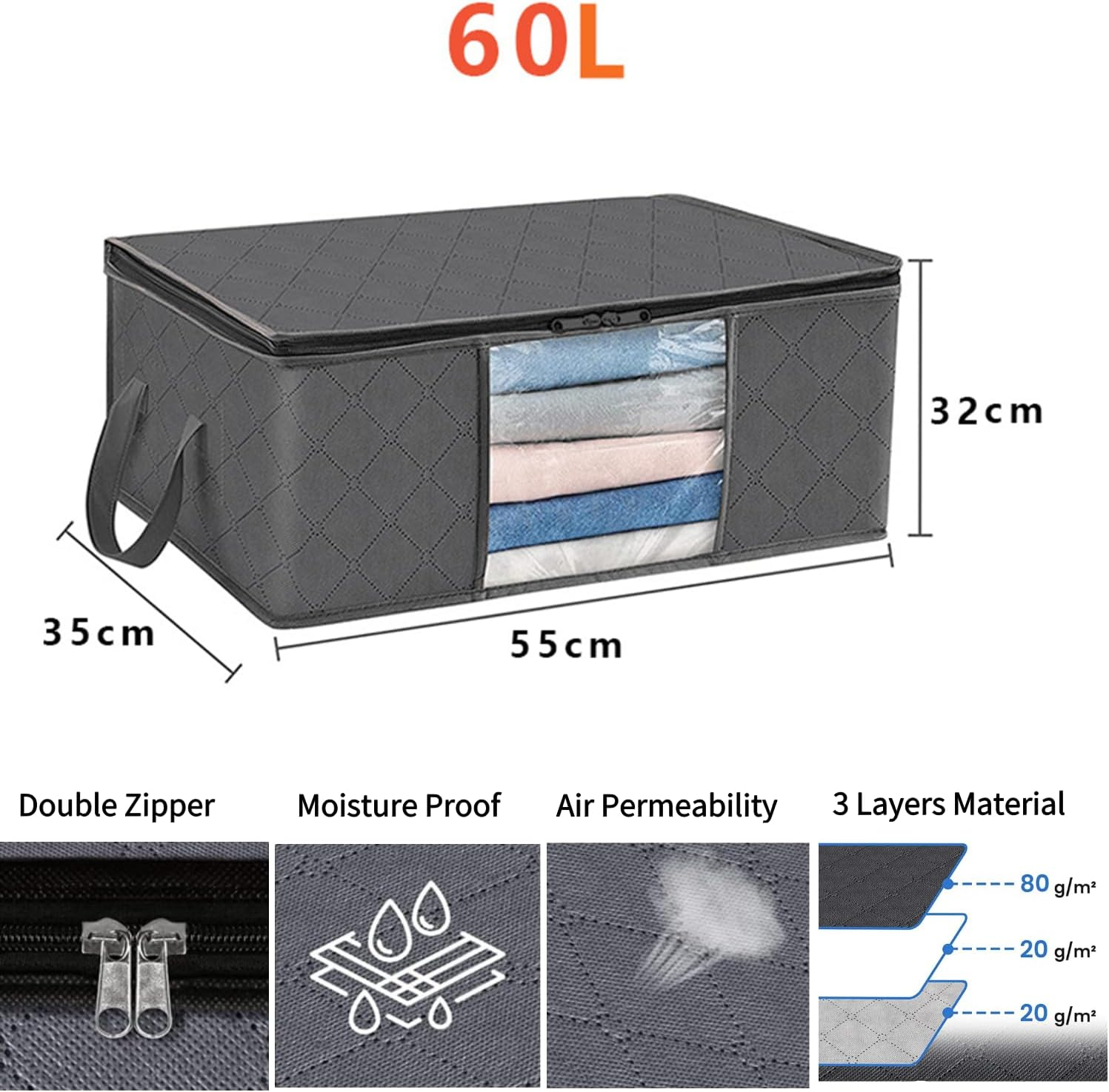 Evangrinzia 6 Pack Clothes Storage, Foldable Thick Fabric Blanket Storage Bags, Containers for Organizing Bedroom, Closet, Clothing, Comforter,Closet Organization with Handle (Grey,60L) image number 5