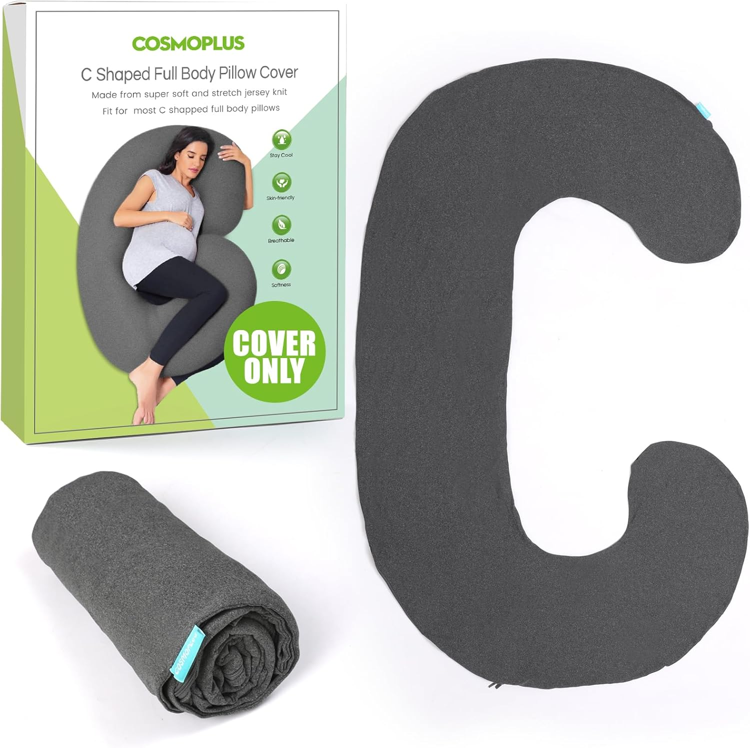 COSMOPLUS    U Shaped Full Body Pillow Case  for Maternity,Stretchy Cool Breathable Jersey Fabric, Provides Sleep and Pregnancy Support,Heather Grey