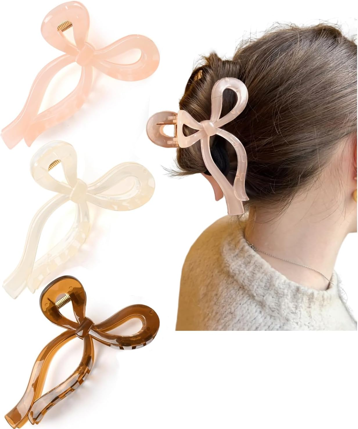 Ayesha Bows Claw Clips - 2 Colors Ribbon Coquette Clips for Thick Hair and Girls, Including Pink