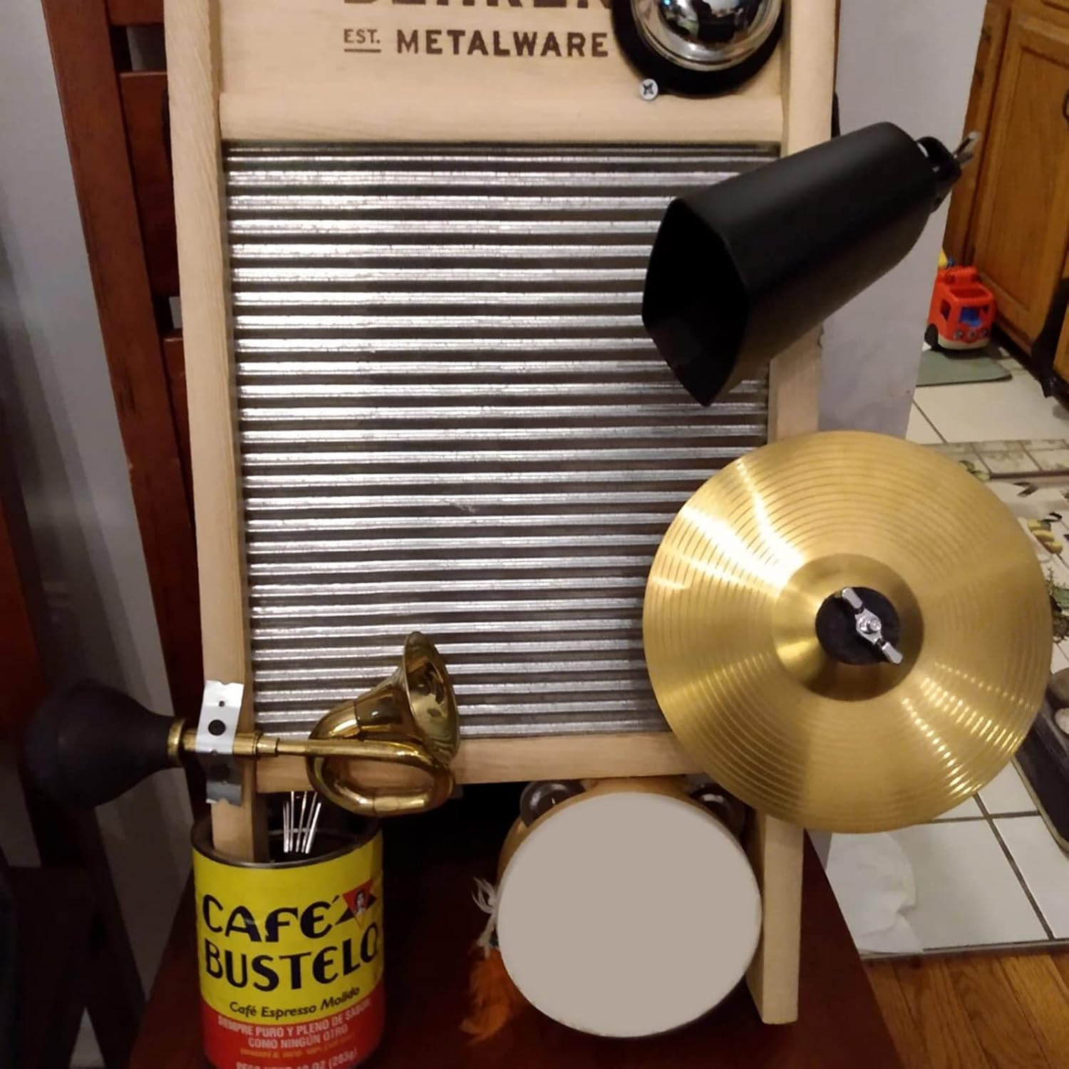 Acrux7 7 Inch Large Cow Bell Noise Makers, Metal Cowbell with Handle and Stick, Hand Percussion Music Cowbell for Sporting Events, Drum Set, Church, Weddings, Beautiful Clear Tapping Sound (Black) image number 3