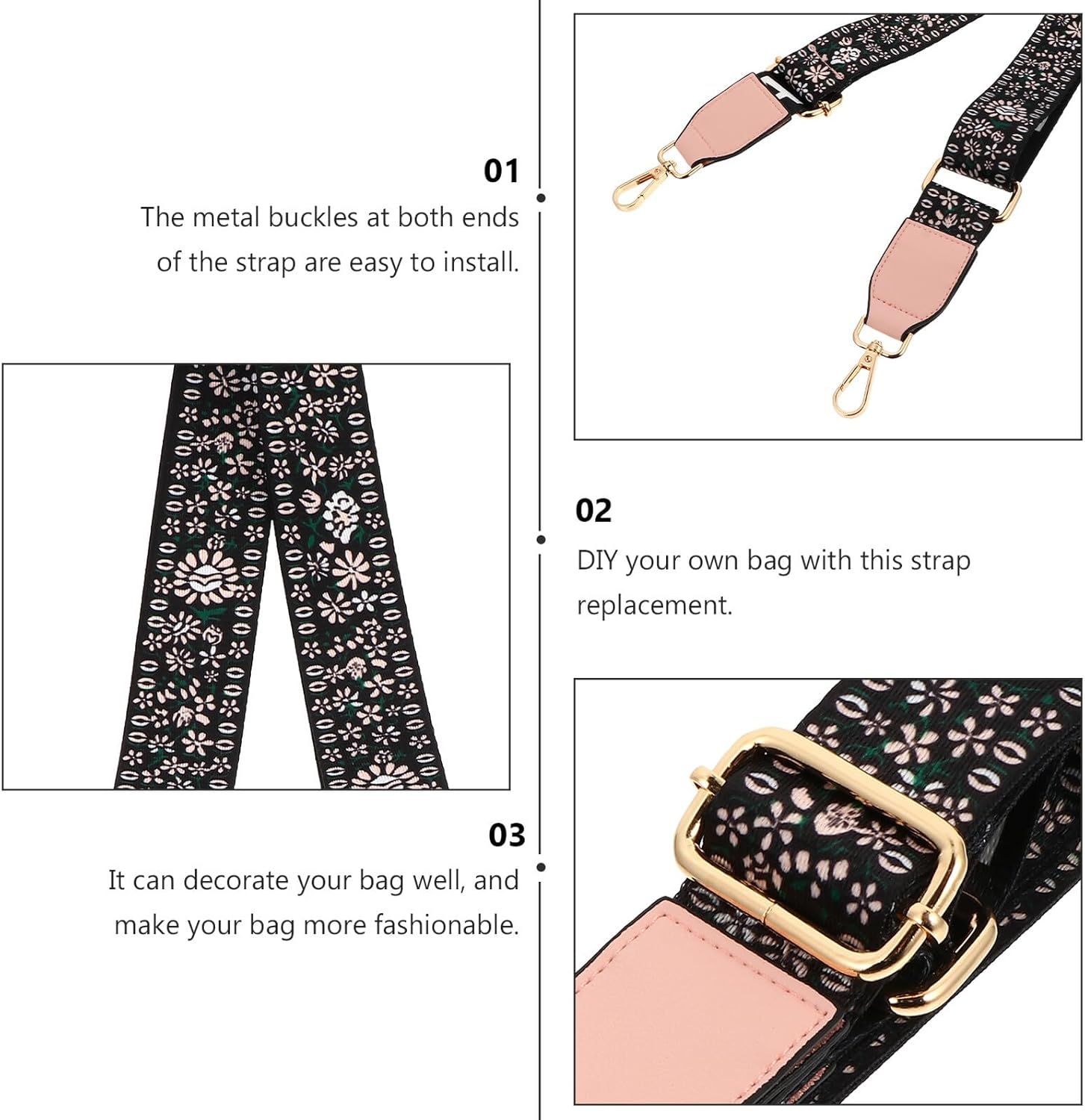DECORNIJIA Adjustable Metal Buckle Bag Strap with Floral Print Wide Crossbody Shoulder Replacement for Women Handbags Travel Bags and Messenger Pouches Comfortable and Easy to Install image number 6