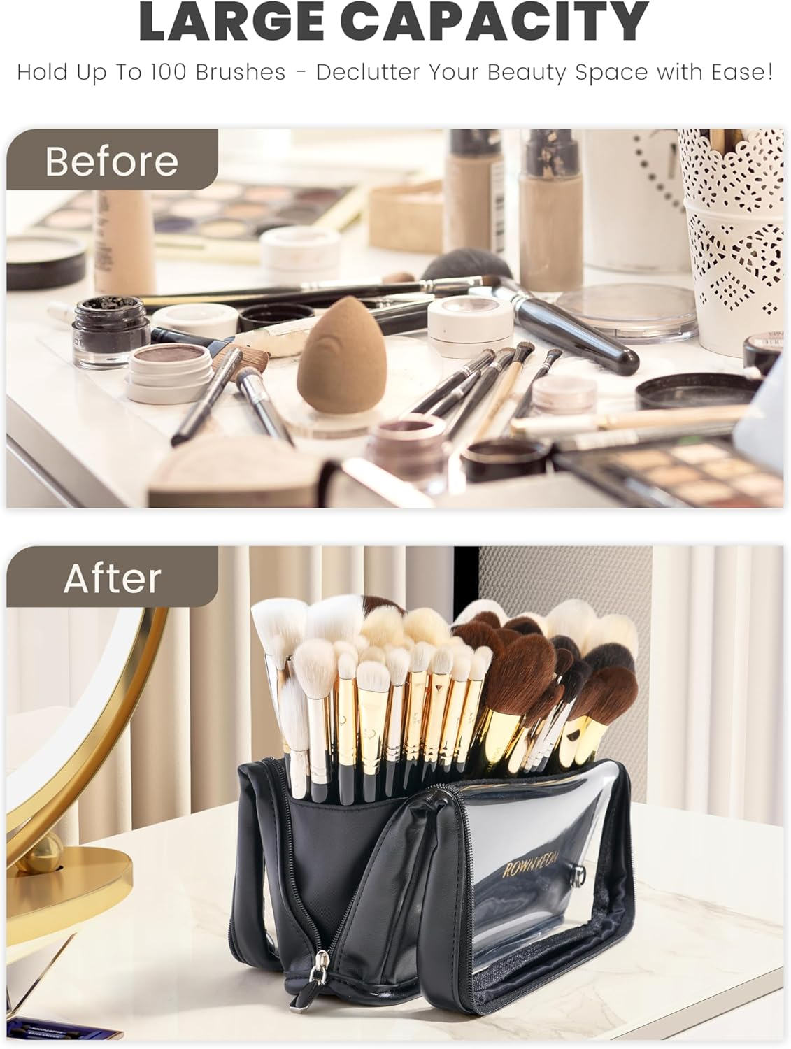ROWNYEON Makeup Brush Bag, High Capacity Stand-Up Makeup Brush Holder, Travel Professional Cosmetic Bag Artist Organizer Bag Large Makeup Brush Case with Adjustable Divider (Brushes Not Included) image number 6
