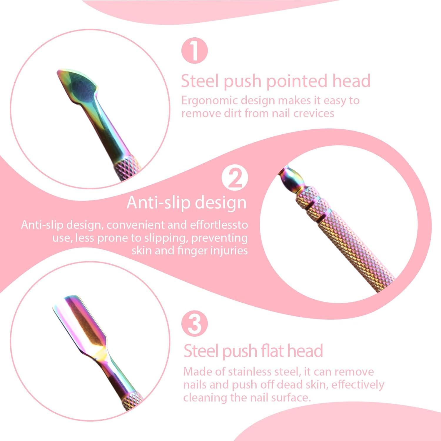 3 Pcs Cuticle Pusher, Cuticle Remover Cuticle Trimmer, Cuticle Tool Set, Double-Headed Stainless Steel Nail Pusher, Manicures & Pedicures - Nail Removal Tool (Rainbow) image number 2