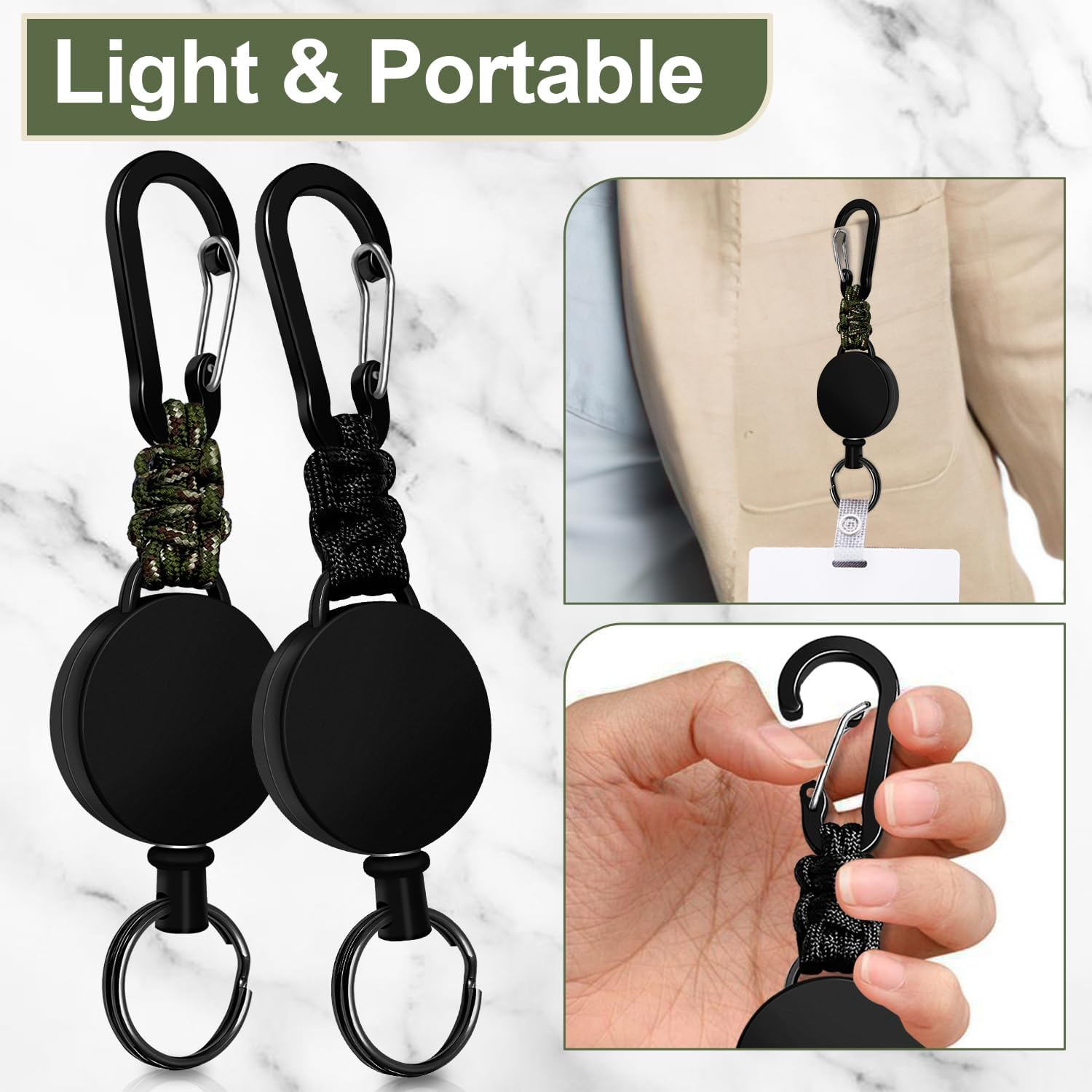 Retractable Keychain 2 Pack Heavy Duty Carabiner Badge Holder, Tactical ID Badge Reel Retractable Key Ring with 60 Cm Steel Extendable Cord and Paracord image number 2