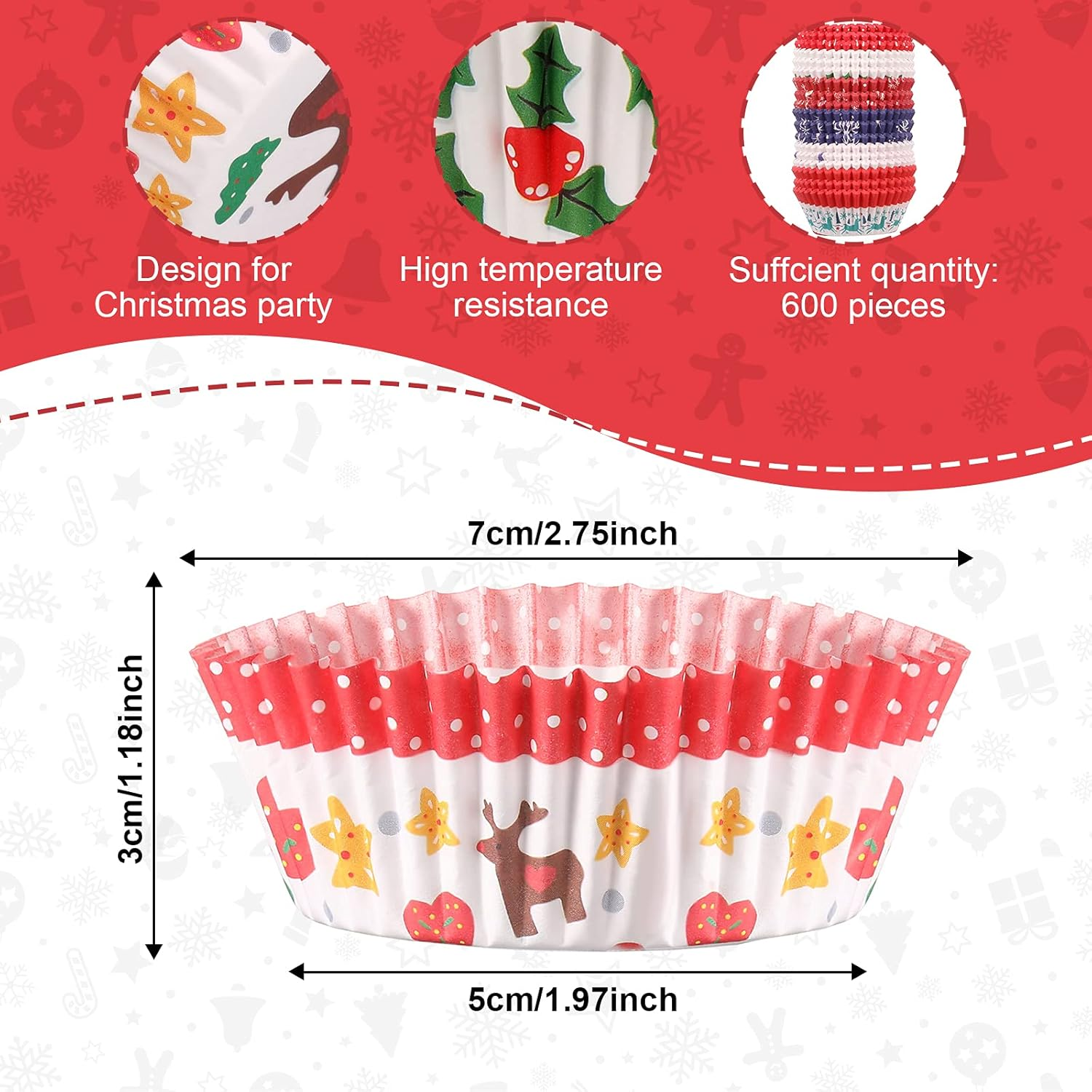 600 Count Christmas Cupcake Liners Muffin Cups Colorful Paper Disposable Cupcake Holders for Christmas Themed Party Decorations and Holiday Decorations (Charming Series) image number 6