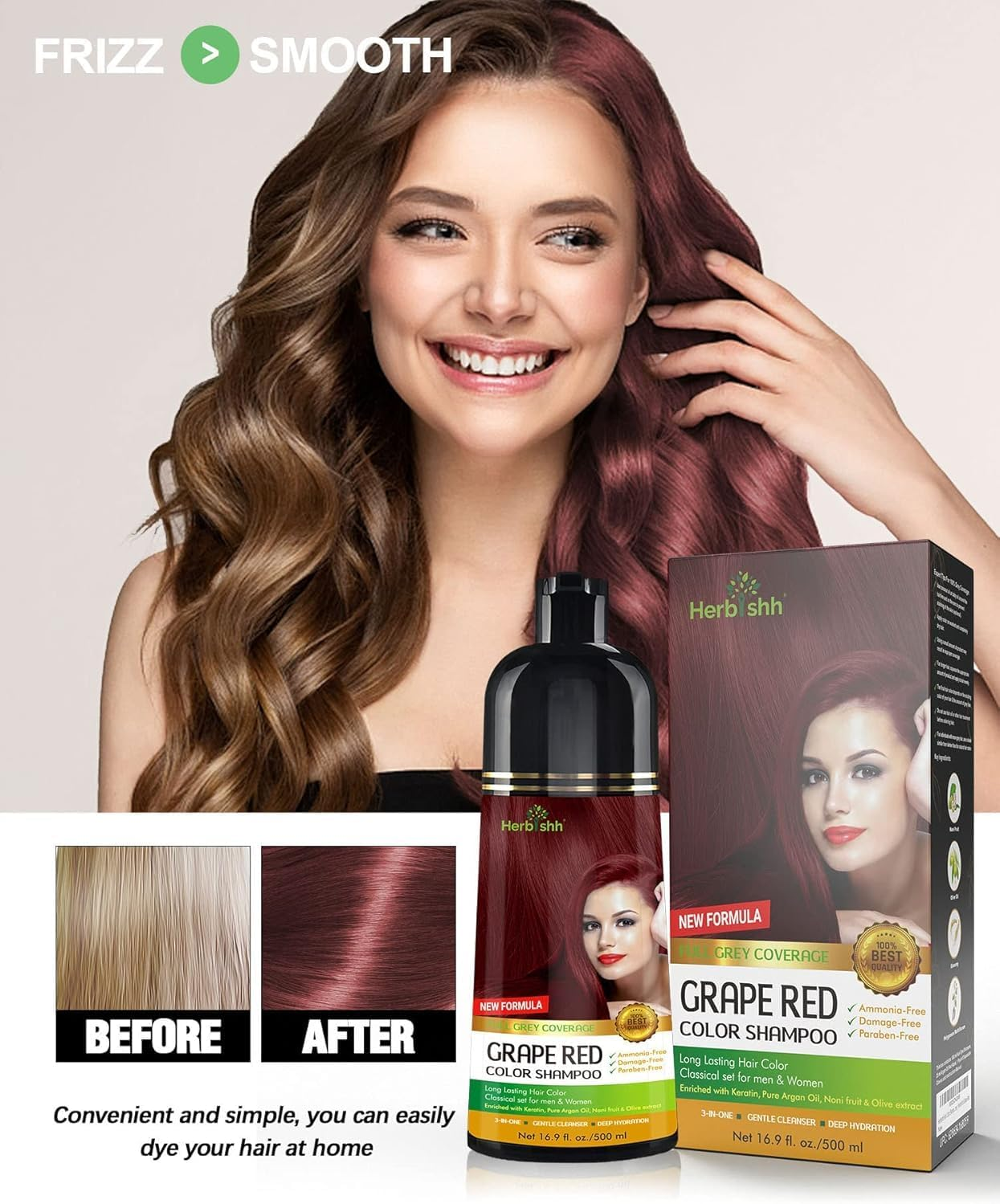Herbishh Hair Color Shampoo (Grape Red) + Hair Growth Serum | 3-In-1 Ammonia-Free Hair Dye Shampoo | Deep Red Gray Hair Coverage & Lightweight Botanical Hair Serum | Hair Color Combo &ndash; 500Ml image number 1