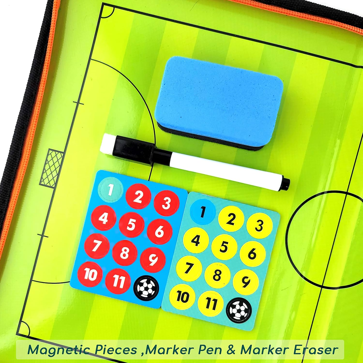 Foldable Futsal Coaching Board Set with Magnetic Number Pieces, Marker Pen, Marker Eraser, Indoor Football Five-A-Side Soccer Color Full Court Zipper Design Strategy Board Training Aid image number 4