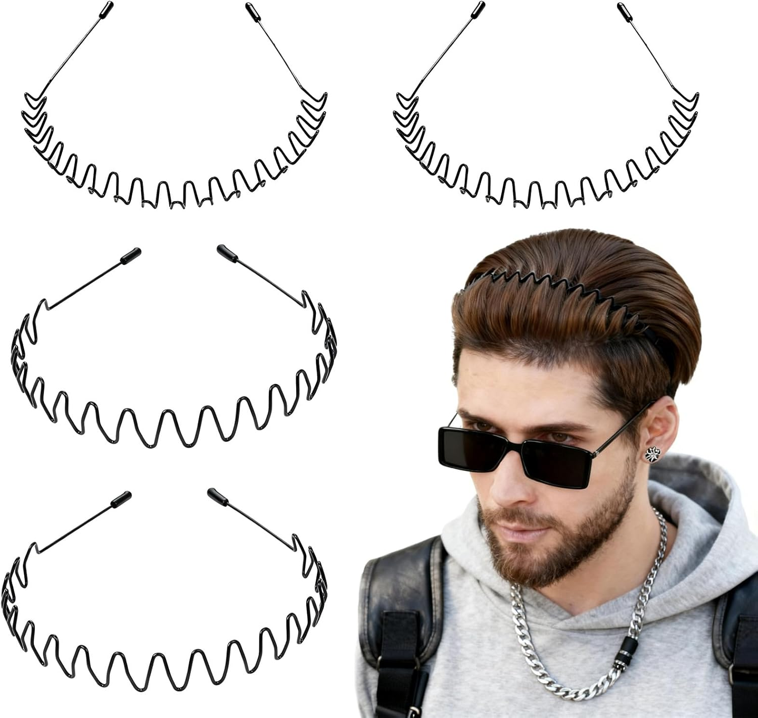 Langtaojin 4-Piece Black Metal Hairbands, Unisex Headwear for Men & Women, Including Headbands, Hair Bands and Men'S Headbands image number 3