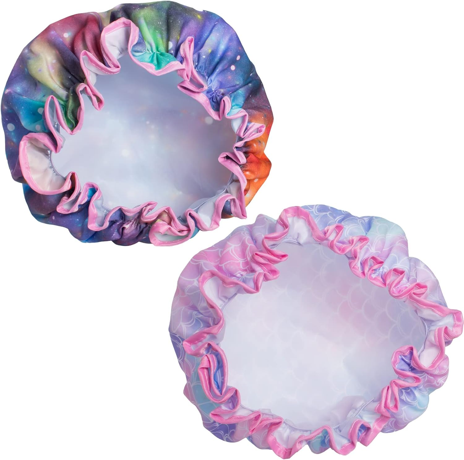 Qeuly Shower Cap for Kids, 2 Pack Kids Shower Caps Reusable Double Layer Waterproof Toddler Shower Cap, Elastic Band Kids Bonnets for Girls and Boys (Galaxy + Mermaid) image number 3