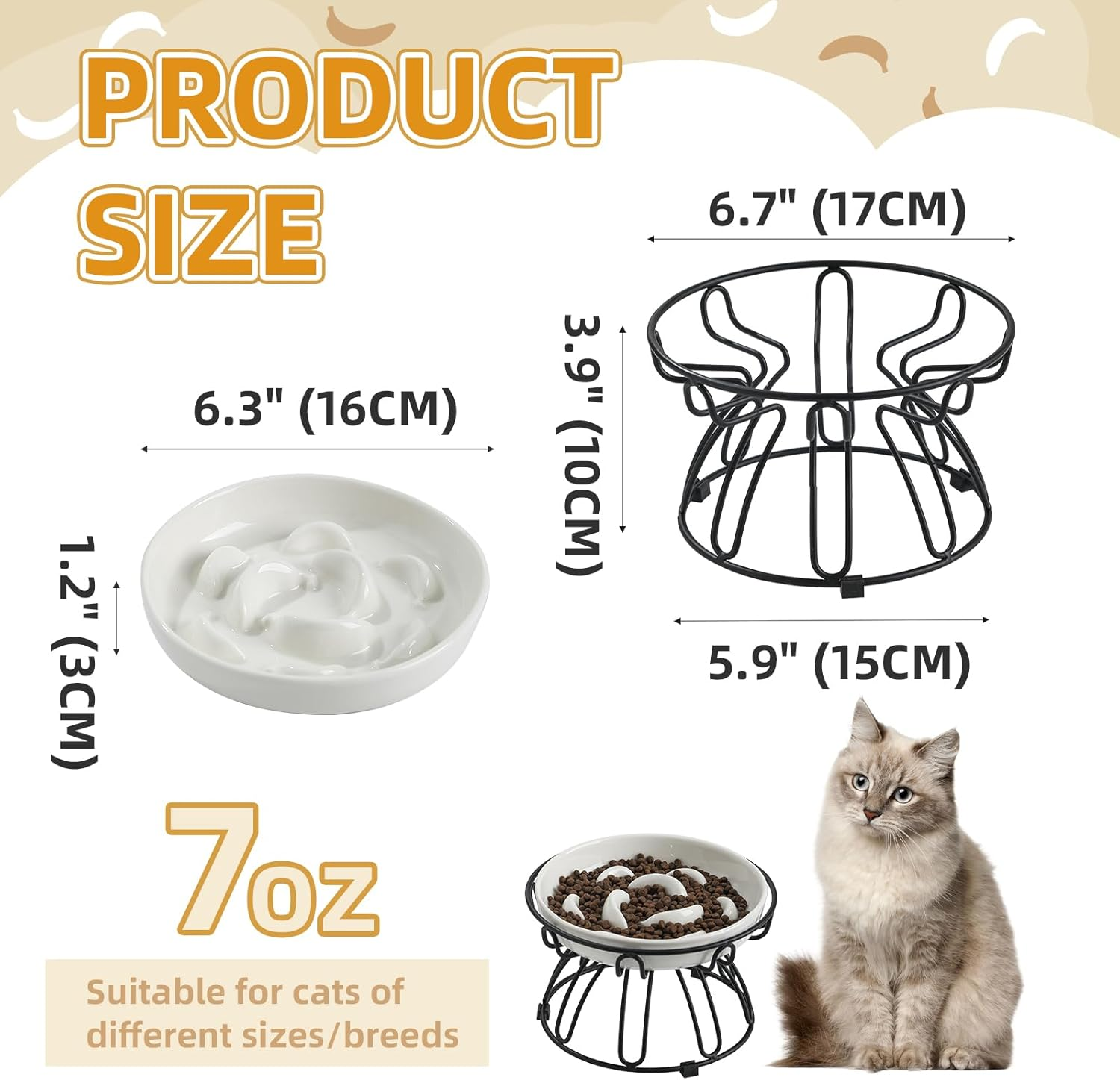 PTOBER Cat Slow Feeder &ndash; Anti-Overeating Cat Bowl with Non-Slip Metal Stand &ndash; Ceramic, Ivory White - Ivory White image number 3
