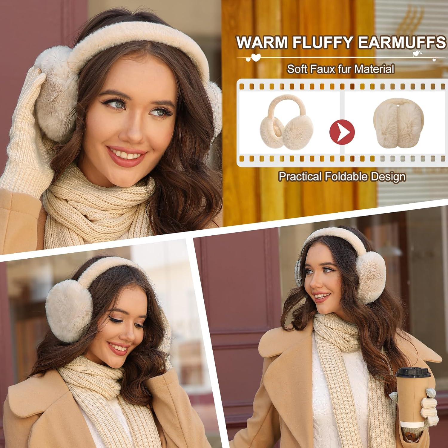 Scarf Gloves Set for Women with Ear Warmers Winter Warm Beanie Hat Scarf Gloves Set Touchscreen Gloves Socks image number 1