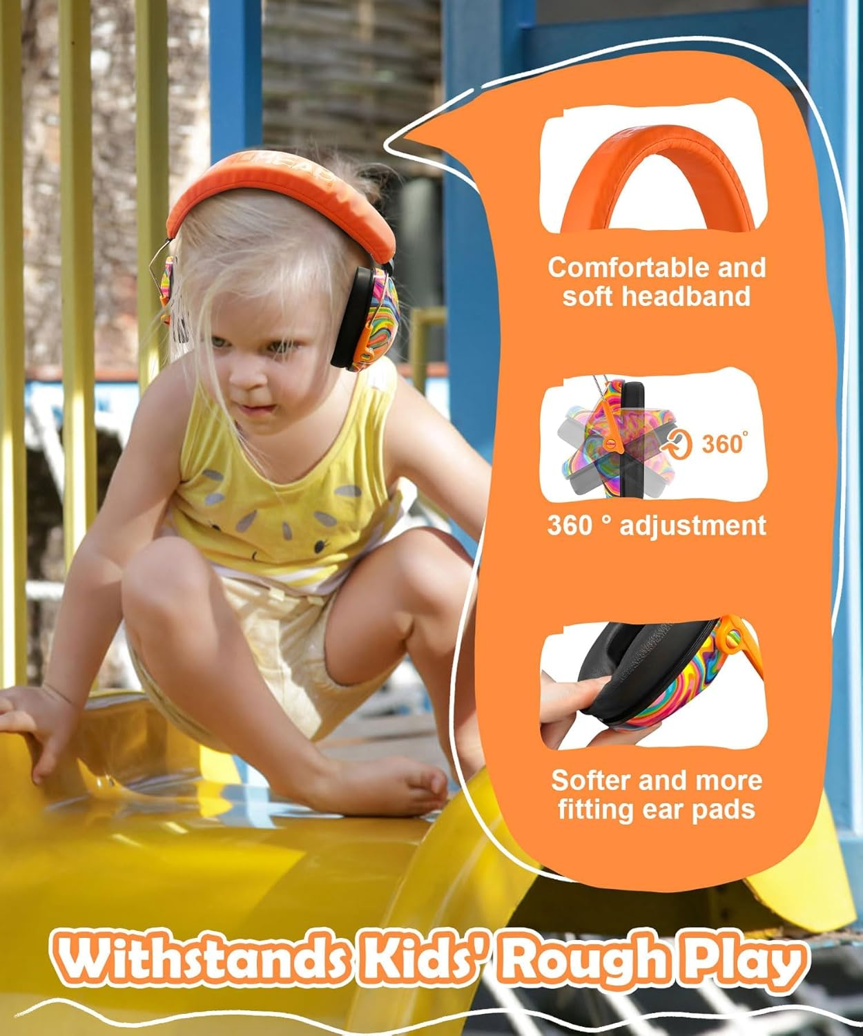 PROHEAR 032 Kids Ear Protection - Noise Cancelling Headphones Ear Muffs for Autism, Toddlers, Children - Orange - Firework Pattern image number 5