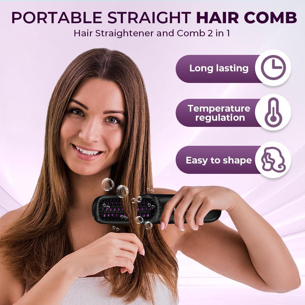 2026 Upgraded Cordless Hair Straightener Brush, Fast Heating Portable Hair Straightener Comb for Women Travel Essentials 3 Adjustable Temperature image number 6