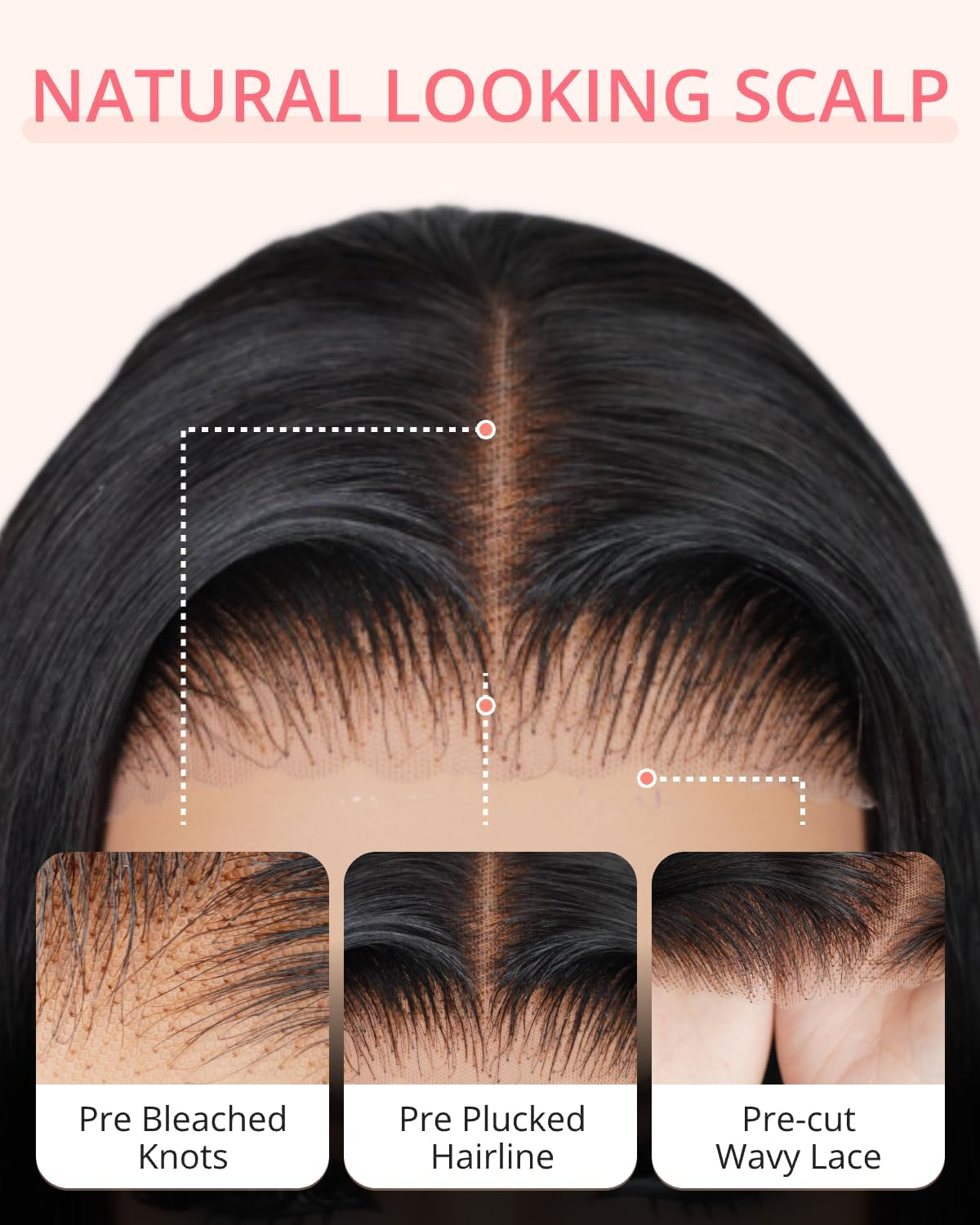 MEGALOOK Salon-Quality Ready to Go Glueless Wigs Human Hair 220% Density Pre Cut HD Lace 5X6 Pre Cut Lace Frontal Wig 12A Silky Straight Wig Human Hair Real Pre Plucked Bleached Tiny Knots 18 Inches image number 3